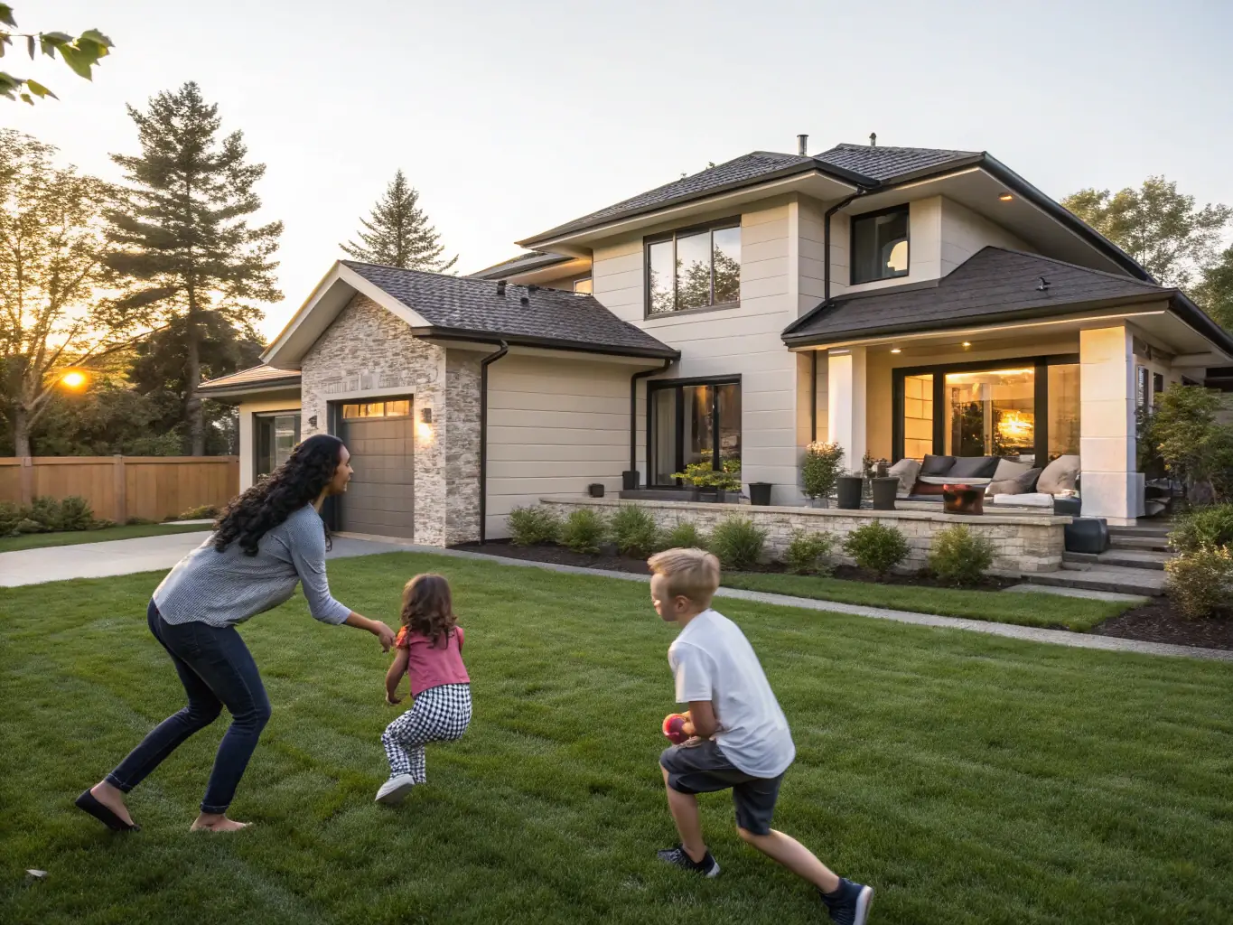 A cozy suburban home with a family enjoying their time in the yard, bathed in warm sunlight, symbolizing security and protection offered by RiskShield's home insurance policies.