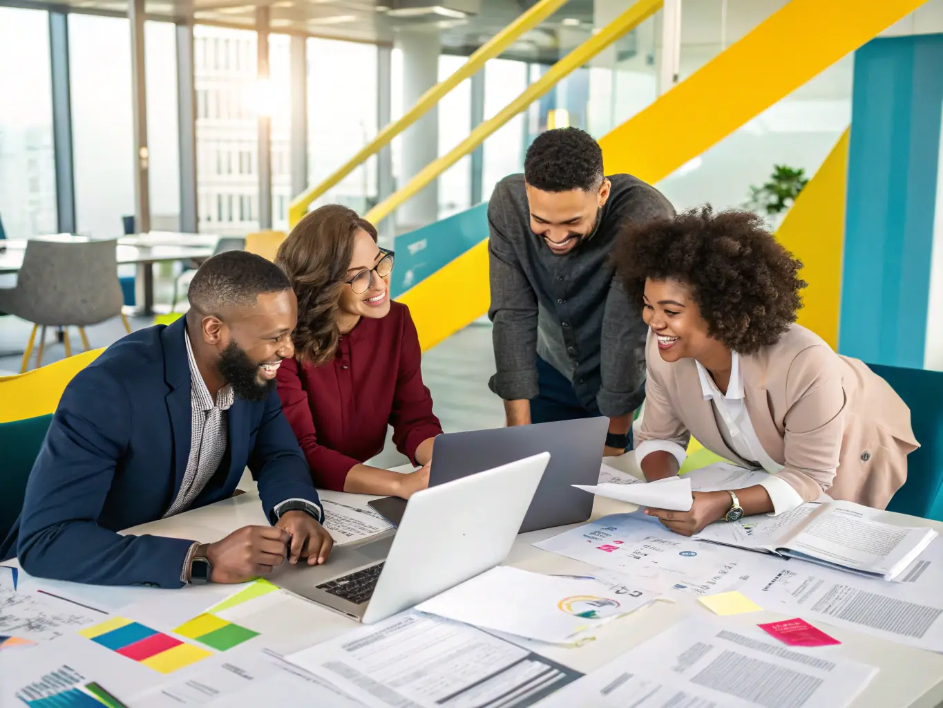 A vibrant and busy office environment with professionals collaborating, symbolizing the stability and security that RiskShield's business insurance provides.